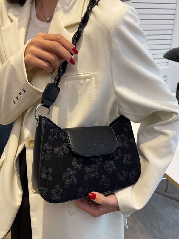 1pc Women Floral Pattern Fashion Shoulder Bag, Crossbody Convertible Woven Strap Handbag