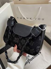 1pc Women Floral Pattern Fashion Shoulder Bag, Crossbody Convertible Woven Strap Handbag - Black - View 2