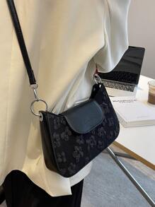 1pc Women Floral Pattern Fashion Shoulder Bag, Crossbody Convertible Woven Strap Handbag - Black - View 3