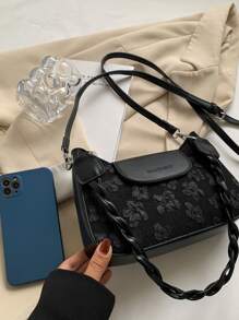 1pc Women Floral Pattern Fashion Shoulder Bag, Crossbody Convertible Woven Strap Handbag - Black - View 4