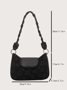 1pc Women Floral Pattern Fashion Shoulder Bag, Crossbody Convertible Woven Strap Handbag - Black - View 5
