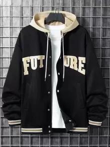 Manfinity 1pc Men's Loose Fit Varsity Jacket Featuring Letter Graphic And Striped Trim Detail On The Drop Shoulder - Black - View 1