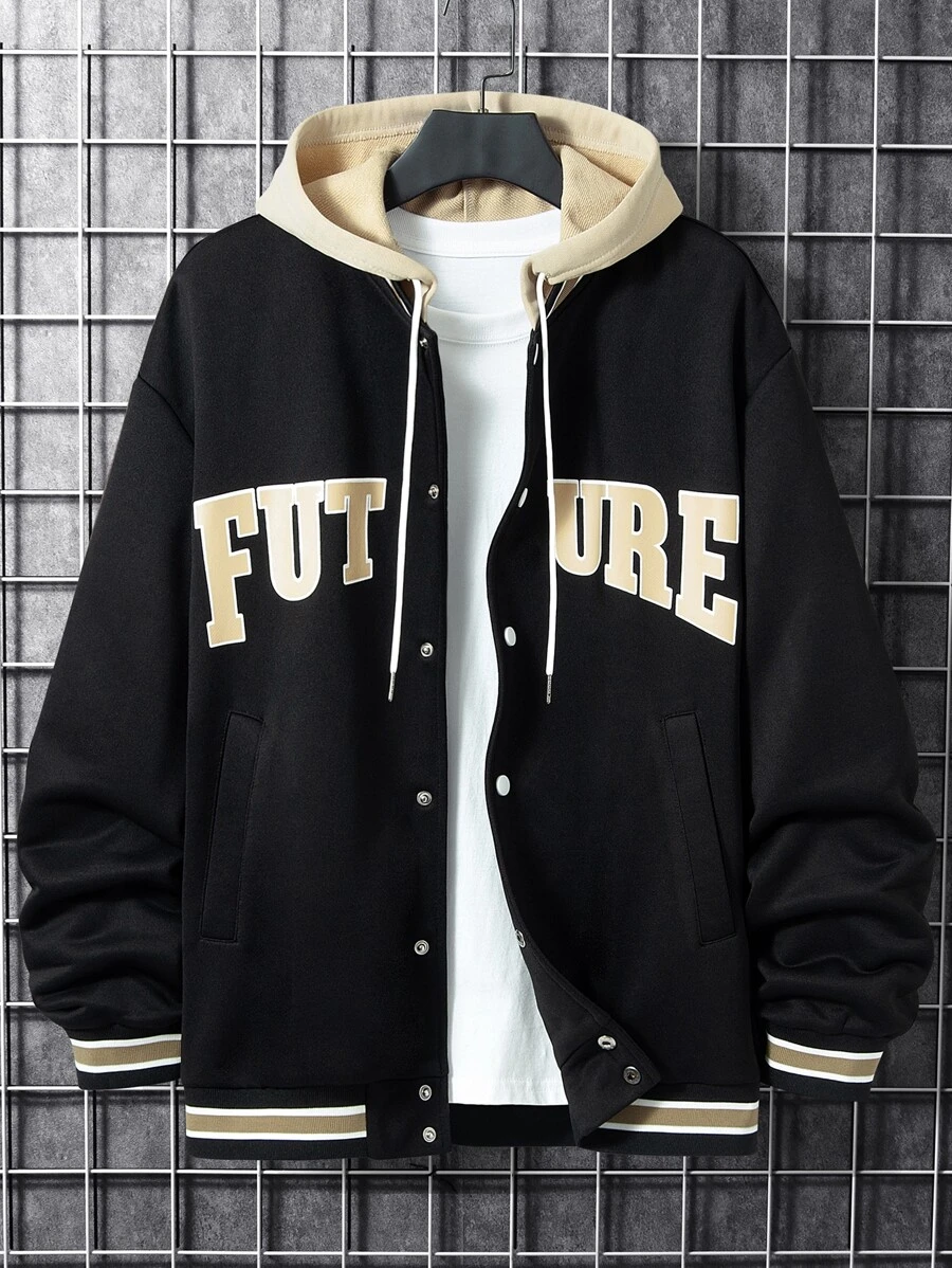 Manfinity 1pc Men's Loose Fit Varsity Jacket Featuring Letter Graphic And Striped Trim Detail On The Drop Shoulder - Black - View 1