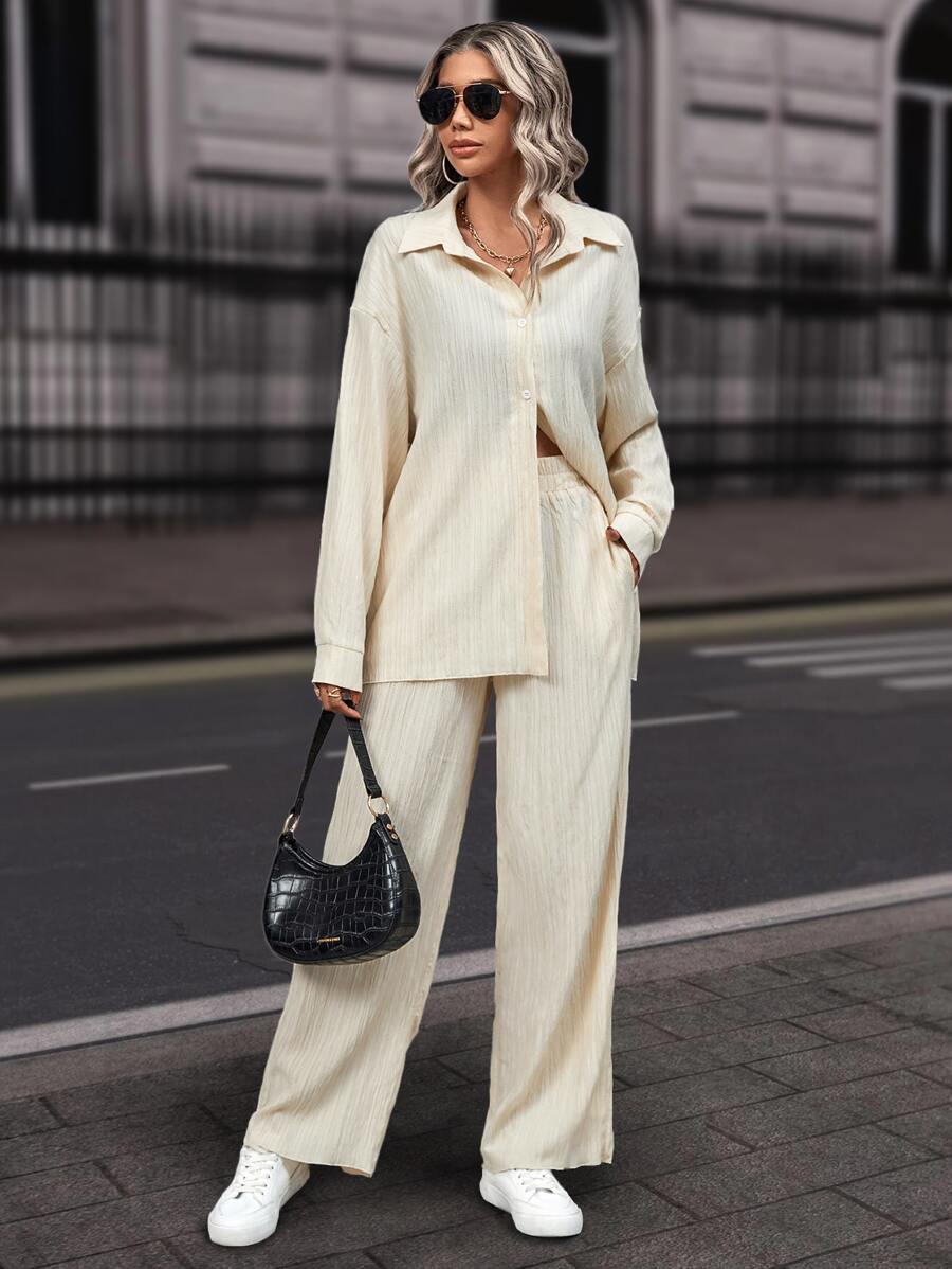 RueChic 落肩袖襯衫和褲子 - 米色 - 查看 1
