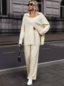 RueChic 落肩袖襯衫和褲子 - 米色 - 查看 3
