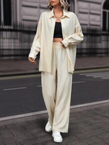 RueChic 落肩袖襯衫和褲子 - 米色 - 查看 4