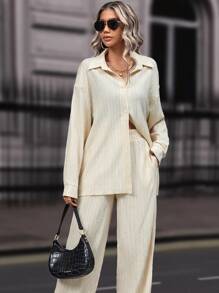 RueChic 落肩袖襯衫和褲子 - 米色 - 查看 5