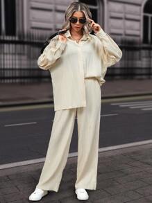 RueChic 落肩袖襯衫和褲子 - 米色 - 查看 6