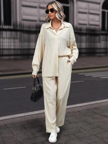 RueChic 落肩袖襯衫和褲子 - 米色 - 查看 7