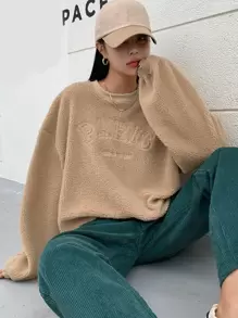 DAZY Letter Embroidery Drop Shoulder Teddy Sweatshirt - Khaki - View 1