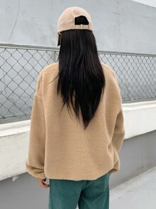 DAZY Letter Embroidery Drop Shoulder Teddy Sweatshirt - Khaki - View 2