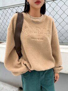DAZY Letter Embroidery Drop Shoulder Teddy Sweatshirt - Khaki - View 4