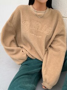 DAZY Letter Embroidery Drop Shoulder Teddy Sweatshirt - Khaki - View 5