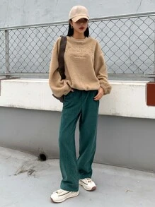 DAZY Letter Embroidery Drop Shoulder Teddy Sweatshirt - Khaki - View 7