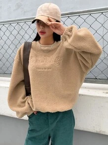 DAZY Letter Embroidery Drop Shoulder Teddy Sweatshirt - Khaki - View 8