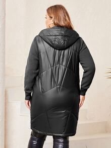 Plus Zip Up Hooded Padded Coat - Black - View 2