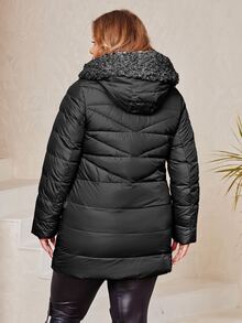 Plus Teddy Panel Zip Up Pocket Side Hooded Padded Coat - Black - View 2