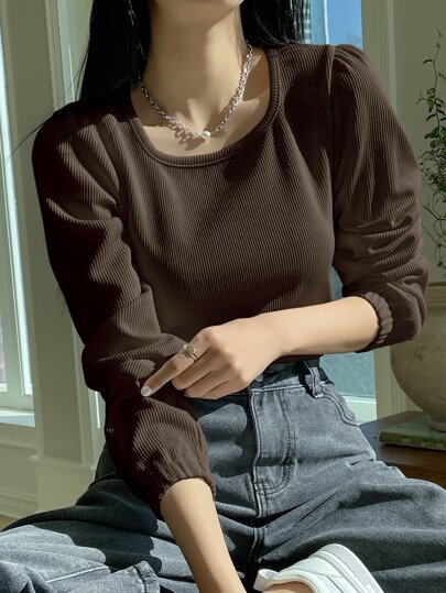 DAZY Ribbed Knit Puff Sleeve Tee,Fall Clothes,Back To School Clothes Long Sleeve Women Tops