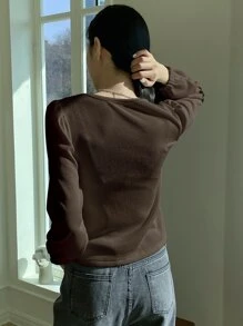 DAZY Ribbed Knit Puff Sleeve Tee,Fall Clothes,Back To School Clothes Long Sleeve Women Tops - Coffee Brown - View 2