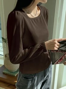 DAZY Ribbed Knit Puff Sleeve Tee,Fall Clothes,Back To School Clothes Long Sleeve Women Tops - Coffee Brown - View 3