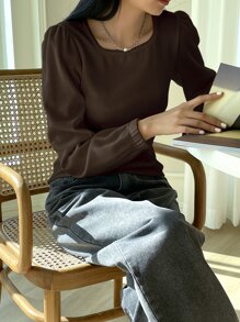 DAZY Ribbed Knit Puff Sleeve Tee,Fall Clothes,Back To School Clothes Long Sleeve Women Tops - Coffee Brown - View 4