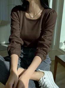 DAZY Ribbed Knit Puff Sleeve Tee,Fall Clothes,Back To School Clothes Long Sleeve Women Tops - Coffee Brown - View 5