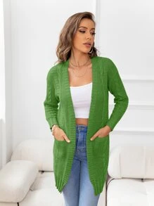 DEARCASE Cárdigan con doble bolsillo con parte delantera abierta tejido de cable - Verde Lima - Ver 1