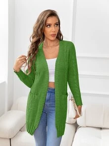 DEARCASE Cárdigan con doble bolsillo con parte delantera abierta tejido de cable - Verde Lima - Ver 3