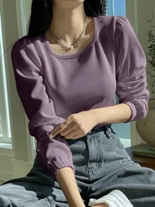 DAZY Ribbed Knit Puff Sleeve Tee,Fall Clothes Preppy Tops Long Sleeve Women Tops - Purple - View 1