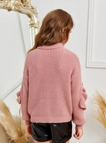 SHEIN Niñas Jersey ribete con fruncido cuello alto de hombros caídos - Rosa - Ver 2