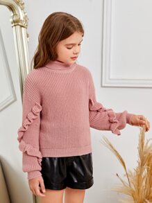 SHEIN Niñas Jersey ribete con fruncido cuello alto de hombros caídos - Rosa - Ver 5