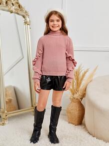 SHEIN Niñas Jersey ribete con fruncido cuello alto de hombros caídos - Rosa - Ver 6