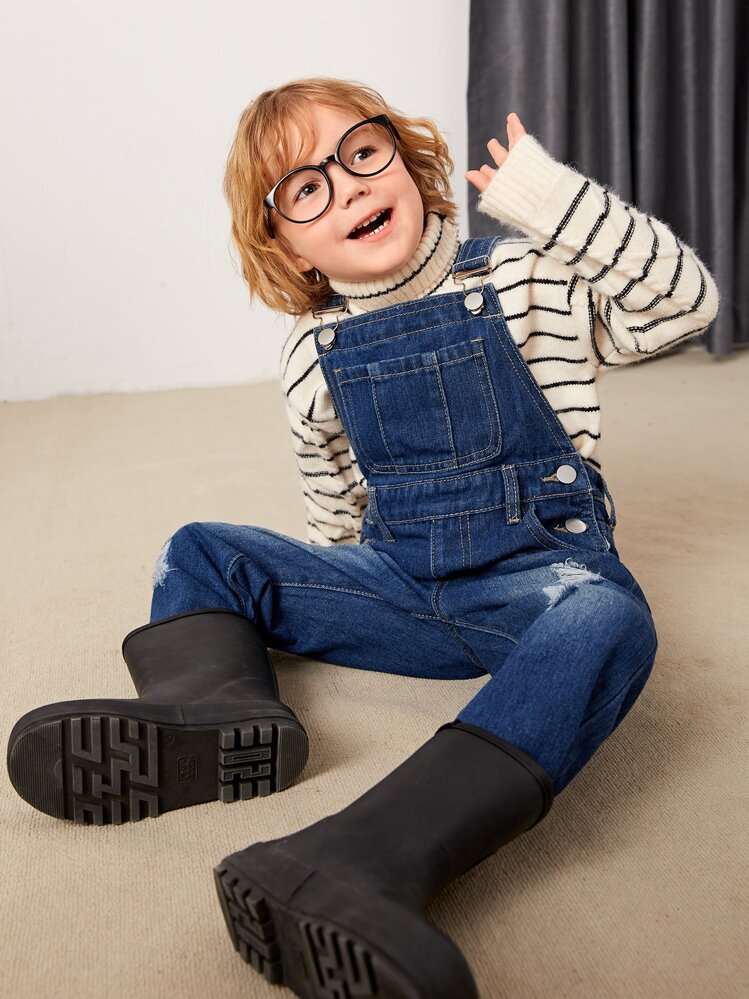 Young Boy Ripped Pocket Front Denim Overall - Dark Wash - View 1