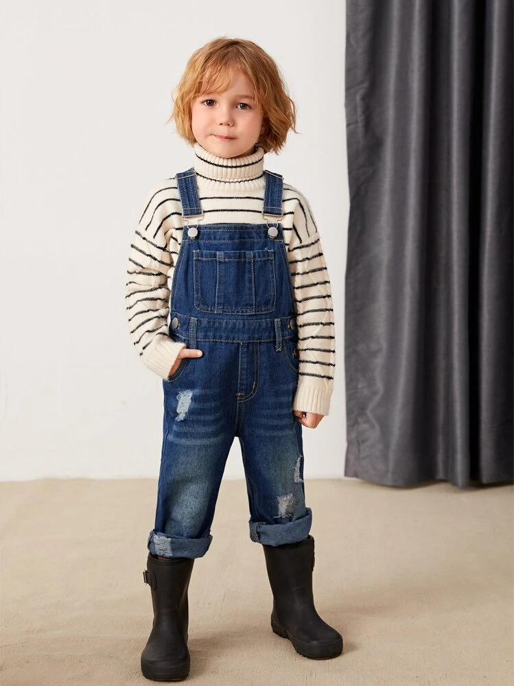 Young Boy Ripped Pocket Front Denim Overall - Dark Wash - View 3