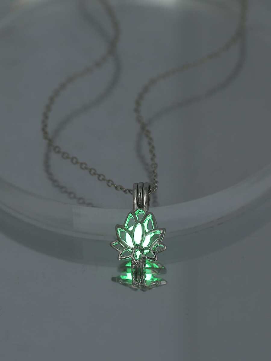 Fashionable Creative DIY Glow In The Dark Necklace With Yellow-Green Lotus Pendant (Can Be Opened) One Piece - Silver - View 1