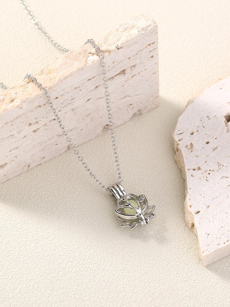 Fashionable Creative Luminous DIY Lotus Shaped Pendant Necklace, Which Can Be Opened, Sky Blue Luminous, 1pc
