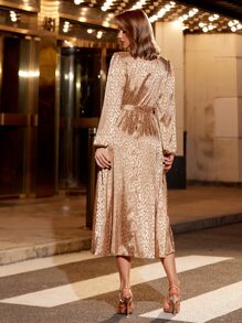 SHEIN Belle Vestido de leopardo jacquard de muslo con abertura con cinturón de satén - Marrón - Ver 2