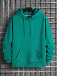Men Solid Drawstring Pocket Detail Thermal Lined Sweatshirt - Green - View 1