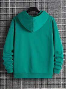 Men Solid Drawstring Pocket Detail Thermal Lined Sweatshirt - Green - View 2