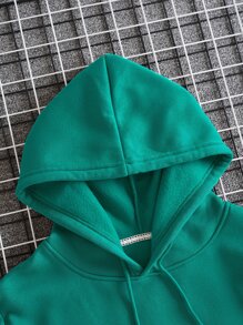 Men Solid Drawstring Pocket Detail Thermal Lined Sweatshirt - Green - View 6
