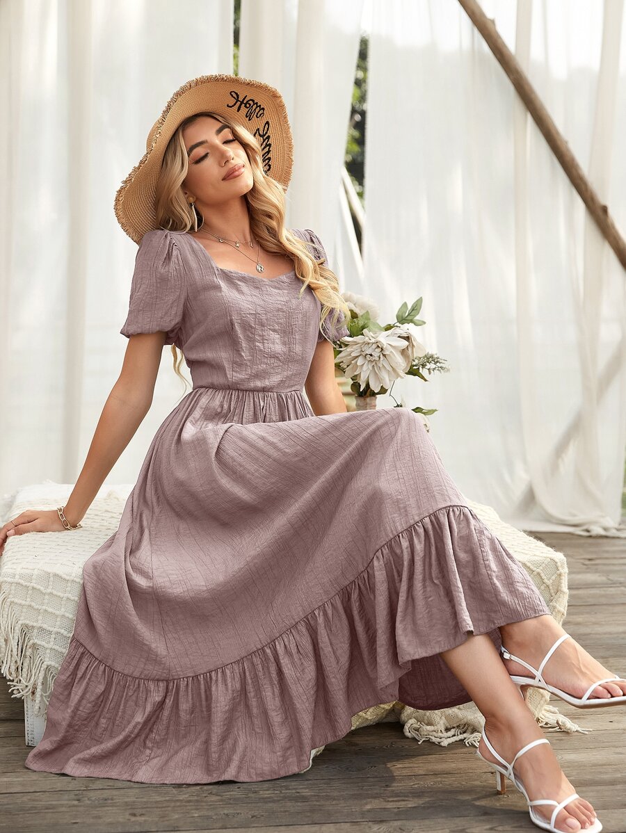 SHEIN Holidaya Ruffle Hem Puff Sleeve Dress - Dusty Pink - View 1