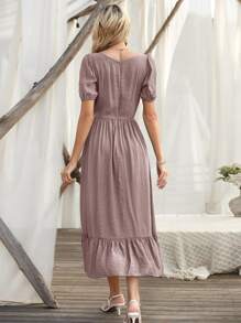 SHEIN Holidaya Ruffle Hem Puff Sleeve Dress - Dusty Pink - View 2