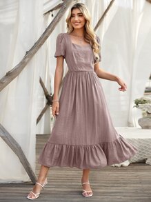 SHEIN Holidaya Ruffle Hem Puff Sleeve Dress - Dusty Pink - View 3