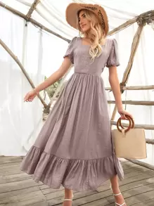 SHEIN Holidaya Ruffle Hem Puff Sleeve Dress - Dusty Pink - View 4