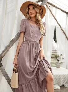 SHEIN Holidaya Ruffle Hem Puff Sleeve Dress - Dusty Pink - View 5