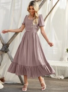 SHEIN Holidaya Ruffle Hem Puff Sleeve Dress - Dusty Pink - View 6