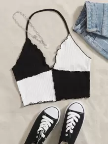 SHEIN EZwear Áo hai dây Lộ Lưng Khối Màu Giải trí - Đen và trắng - Xem 1