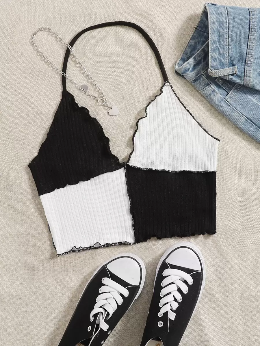 SHEIN EZwear Áo hai dây Lộ Lưng Khối Màu Giải trí - Đen và trắng - Xem 1