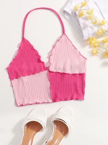 SHEIN EZwear Lettuce Trim Colorblock Halter  Top - Pink - View 1