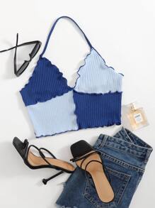 SHEIN EZwear Top halter de color combinado ribete en forma de lechuga - Azul - Ver 1